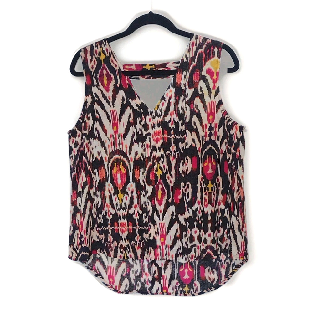 A.N.A. Sleeveless Blouse Womens L Boho Ikat Tribal Print V Neck Tank Pink Black